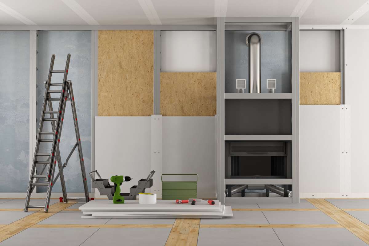 Renovation of an old house and fireplace paneling with drywall panels 3d rendering